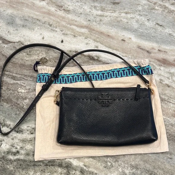 Tory Burch Womens Leather Logo Embellished Flat Small Crossbody Handbag Black - Picture 4 of 12